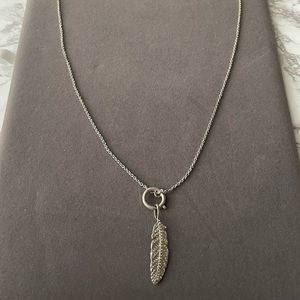 Long Silver Necklace with Rhinestoned Feather Charm